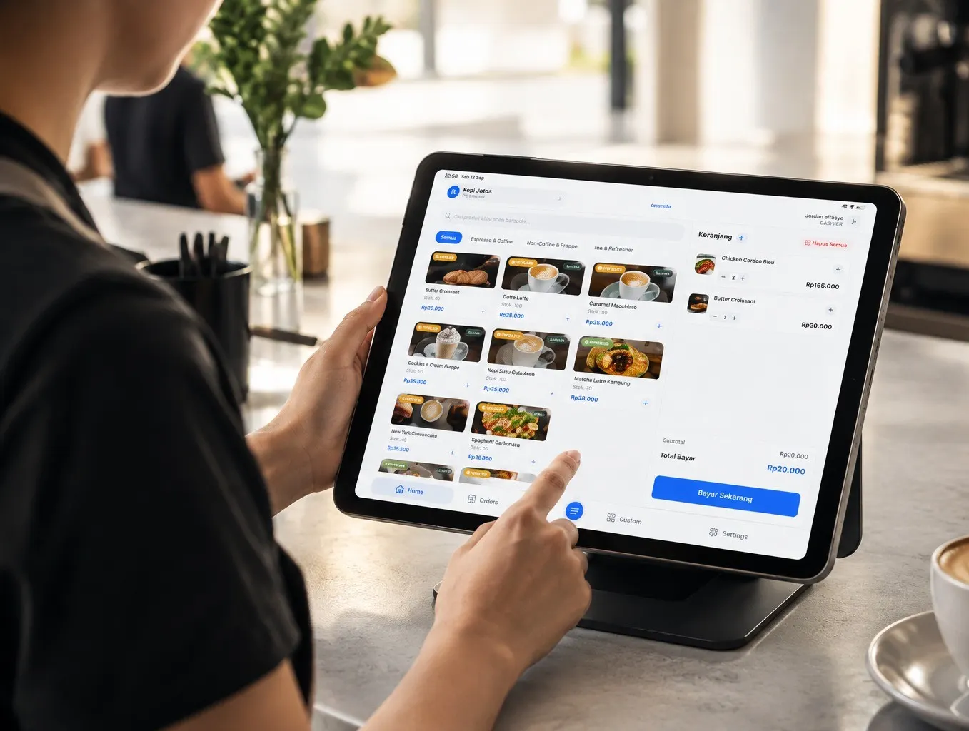 Kasir sebuah coffee shop memproses pesanan lewat Menuin di tablet